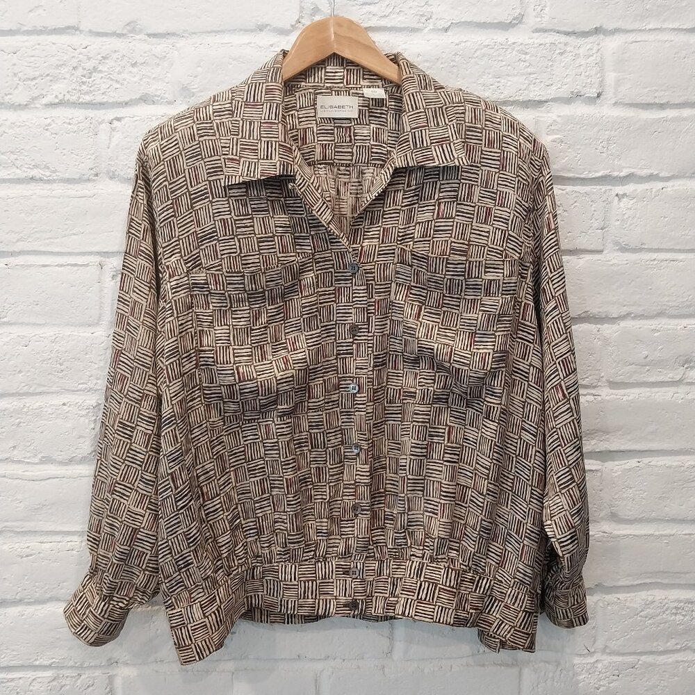 Vintage Liz Claiborne 100% Silk Blouse 14 Jacket Top Beige Brown Multicolor
